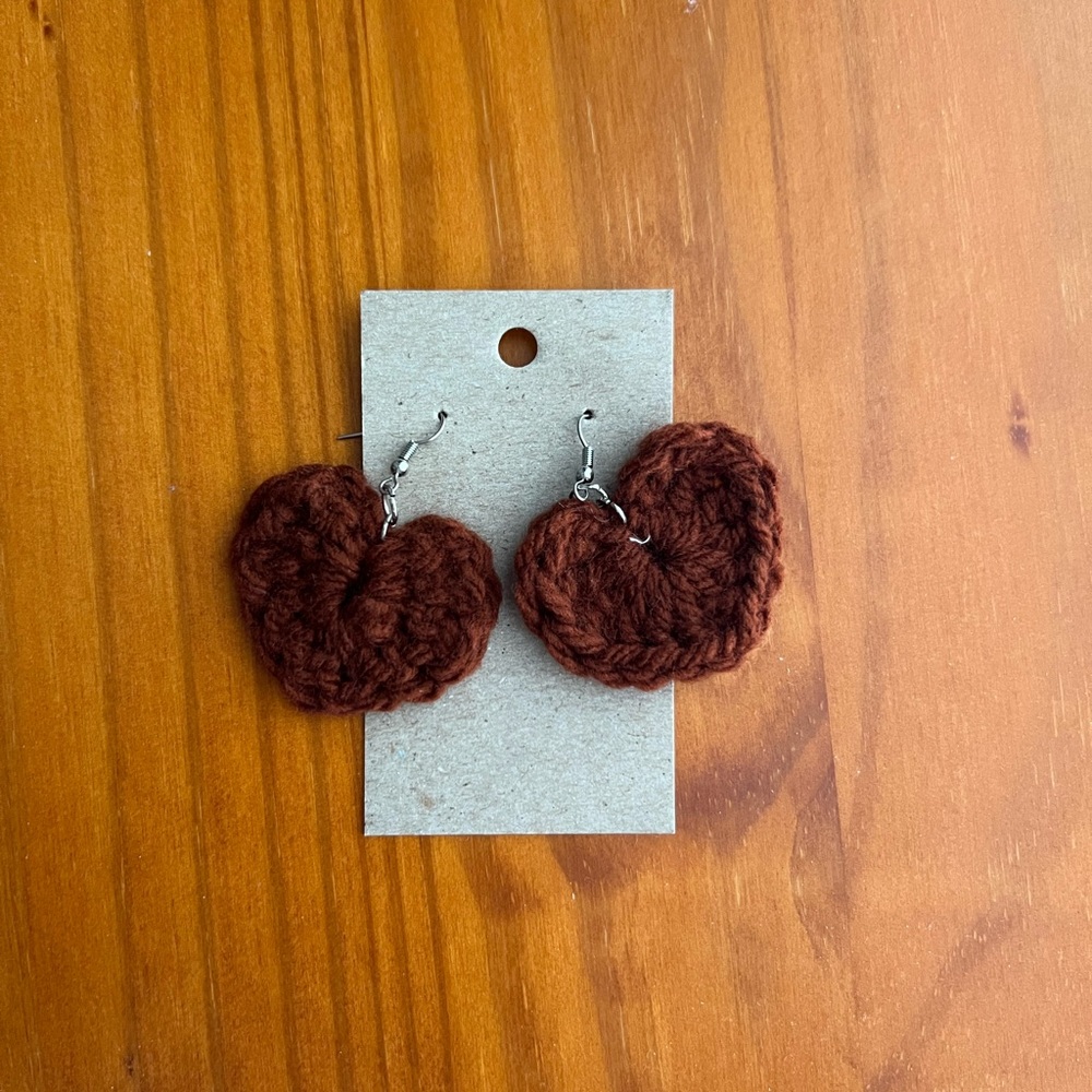 Crochet Brown Heart Earrings